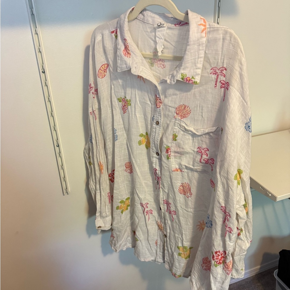 Floral Button Down Shirt - White with Multicolor Accents